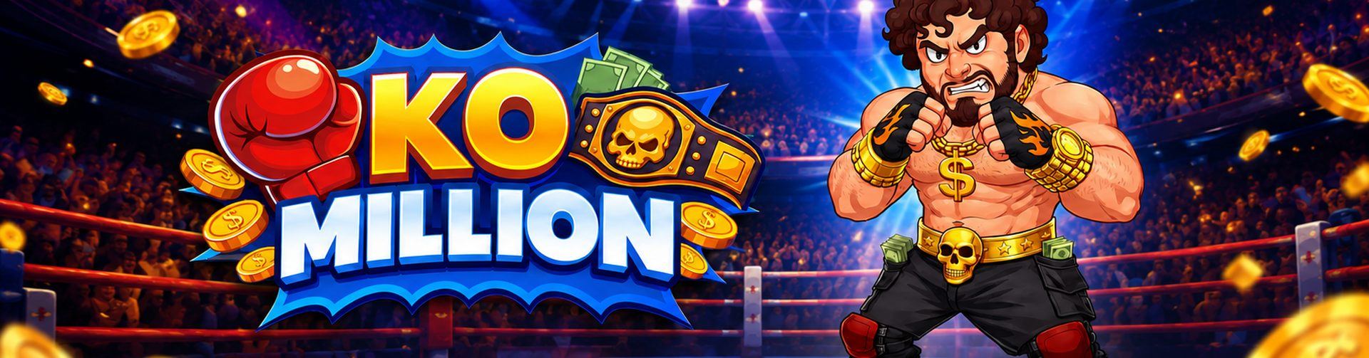 Banner des Spiels KO Million von InOut Games: Boxer in Deckung im Ring einer Arena unter einem Regen aus Goldmünzen